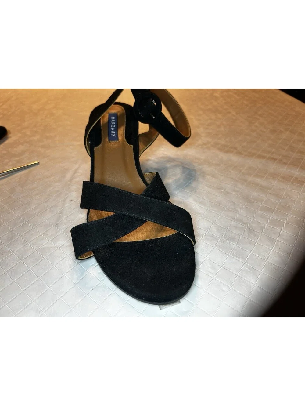 Margaux NY The City Sandal Black Suede Block Heel Crisscross Strappy Sz 38.5/8 M